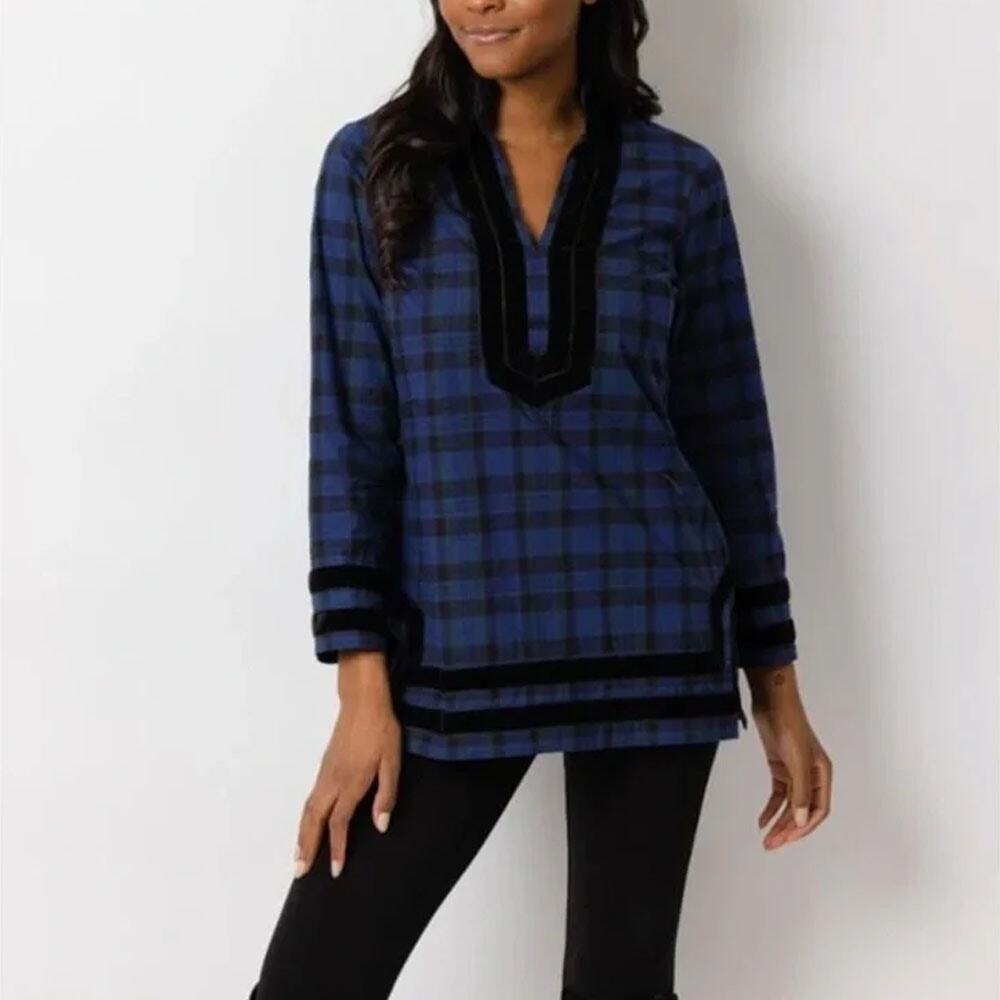 Sail to Sable Blue Watch Plaid Tartan Tunic Top Black Velvet Trim Sz S NWOT